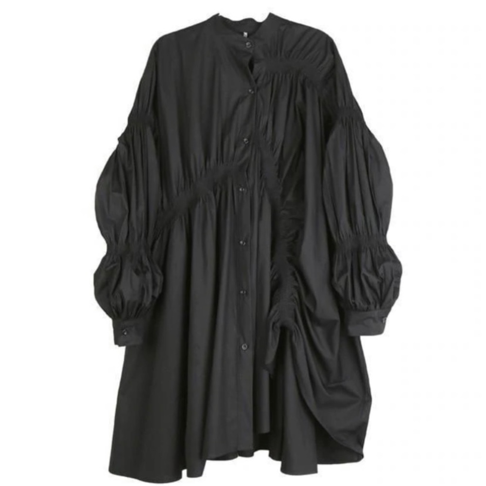 HOTARU LONG SLEEVE PLEATED SHIRT DRESS - BLACK